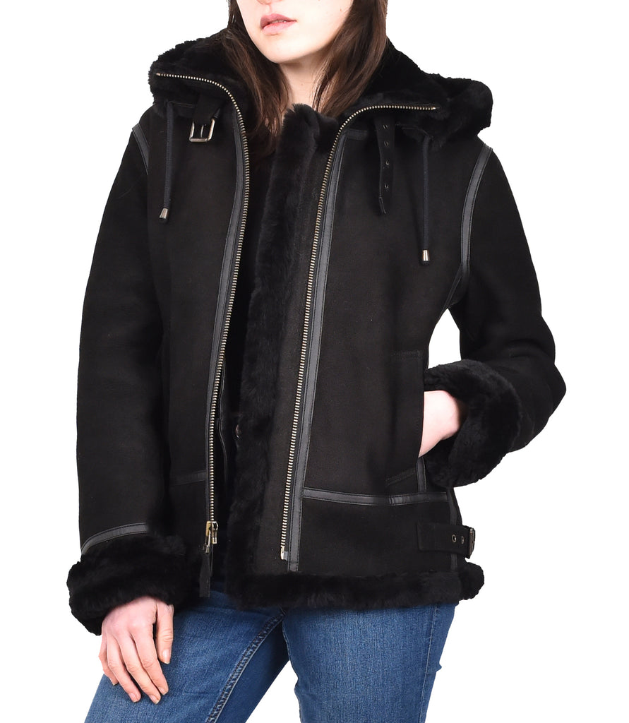 DR248 Women's Real Sheepskin Winter Warm Jacket Black 11