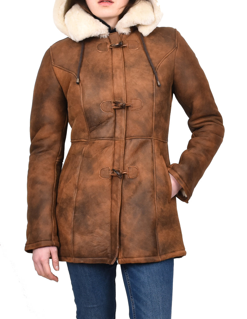 DR229 Women's Sheepskin Duffle Coat Mid Length Tan 11