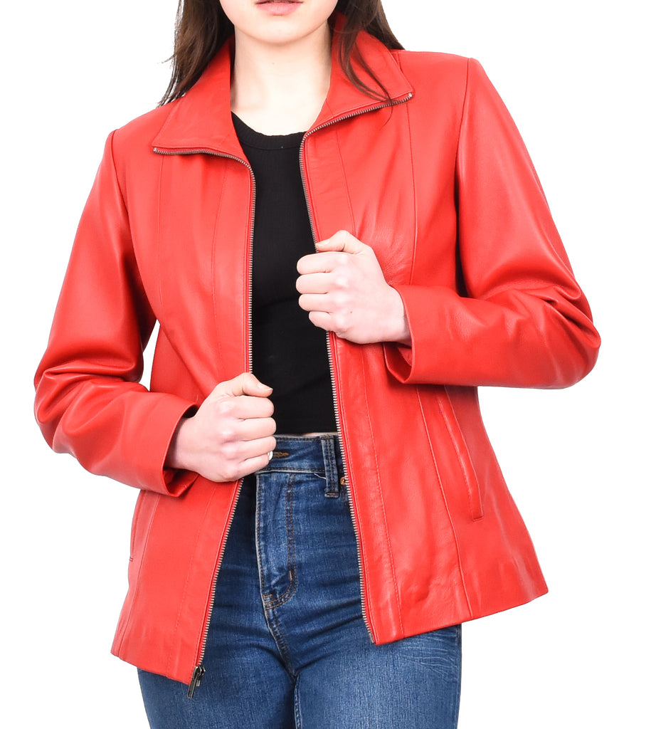 DR202 Women's Casual Semi Fitted Leather Jacket Red 10