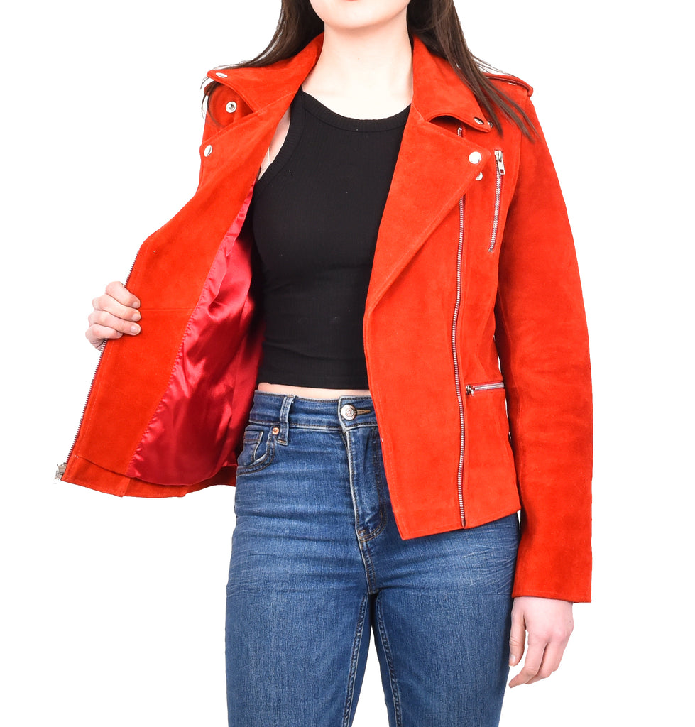 DR217 Women's Hardrock Biker Chich Leather Jacket Red Suede 13