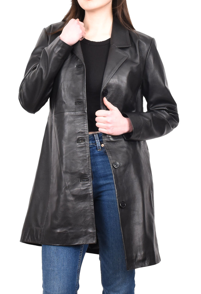 DR424 Women's Smart Long Leather Coat Black 9