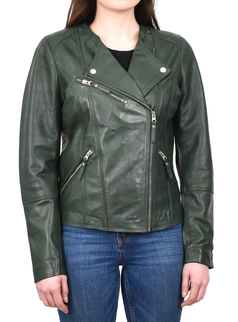 DR572 Women's Casual Cross Zip Leather Jacket Green 7