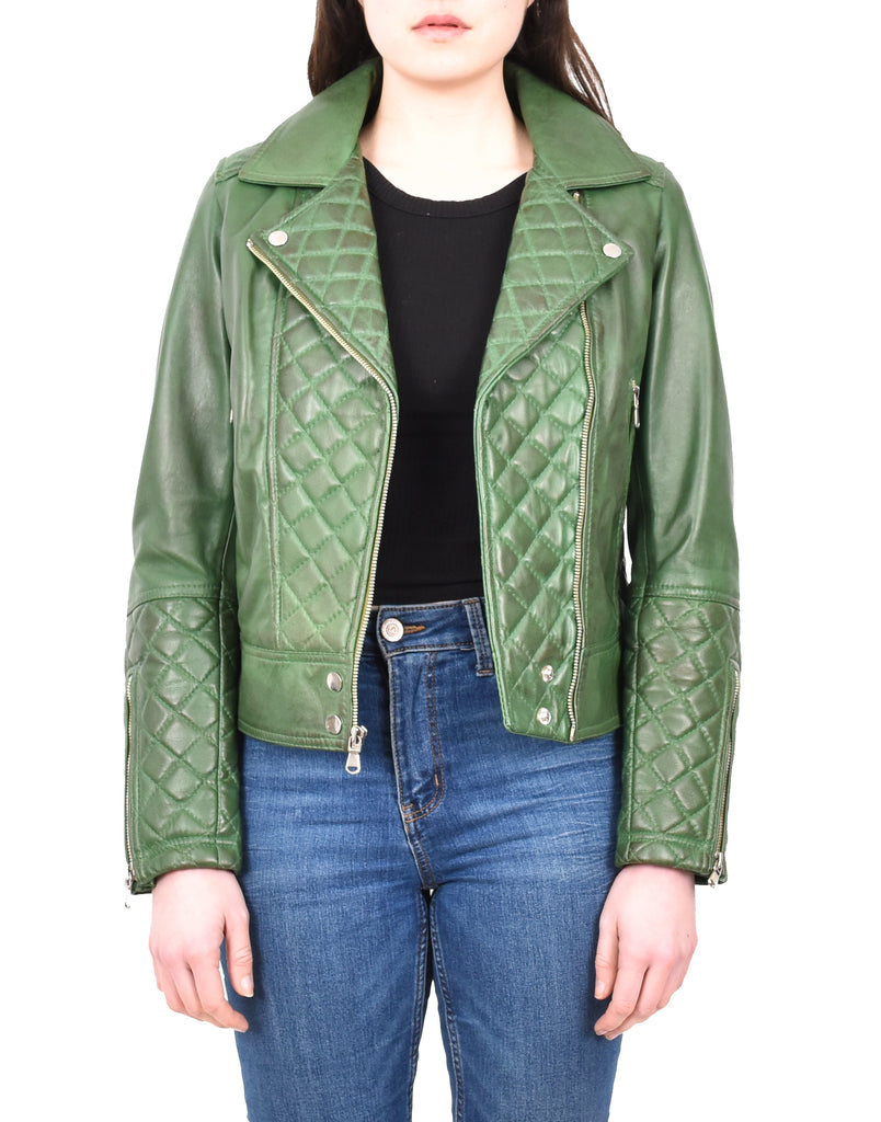 DR238 Women's Leather Biker Jacket with Quilt Detail Green 11