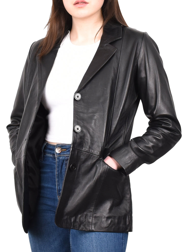 DR215 Women's Classic Three Button Leather Blazer  Black 9