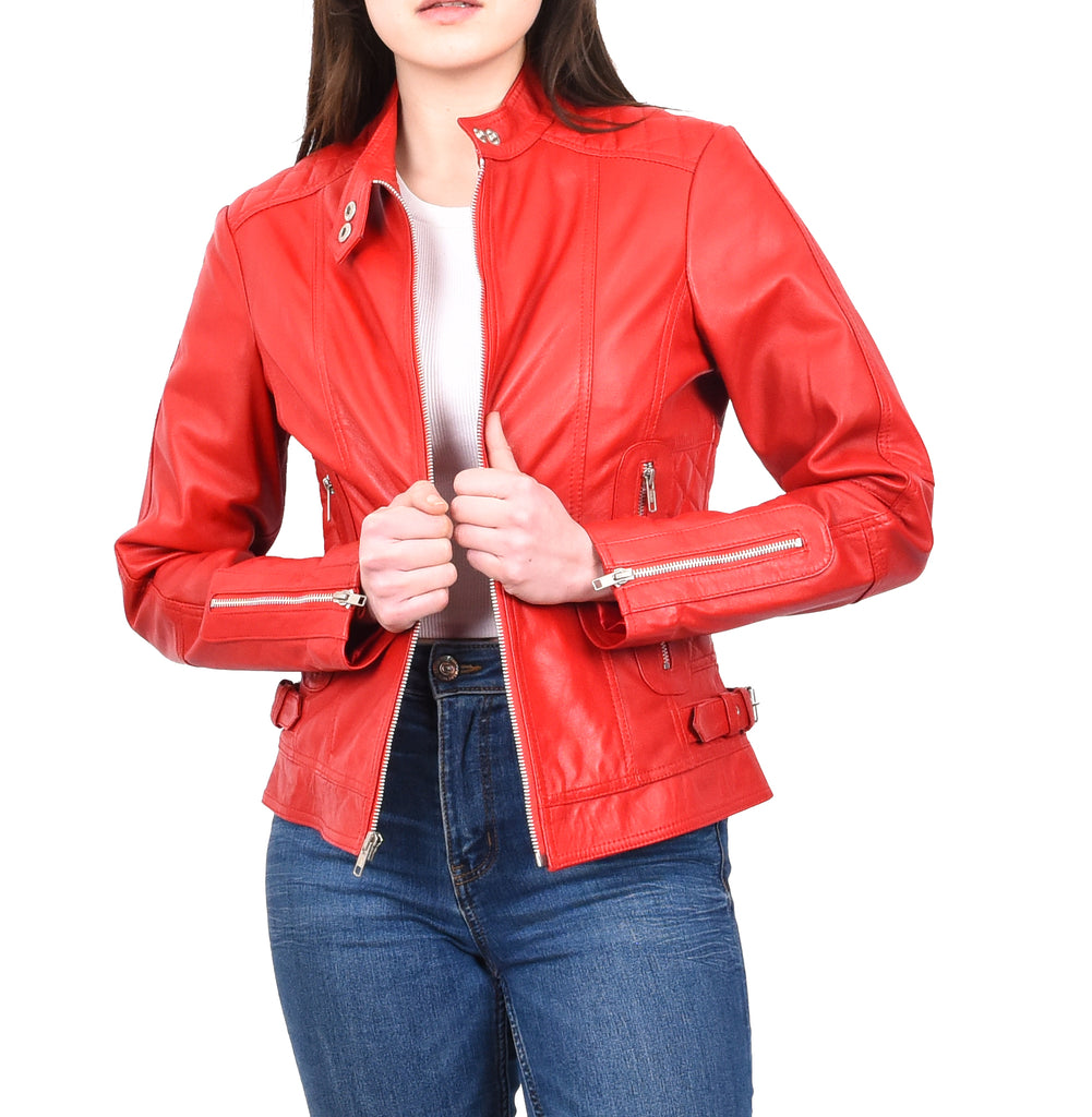 DR234 Women's Fitted Smart Leather Jacket Red 9