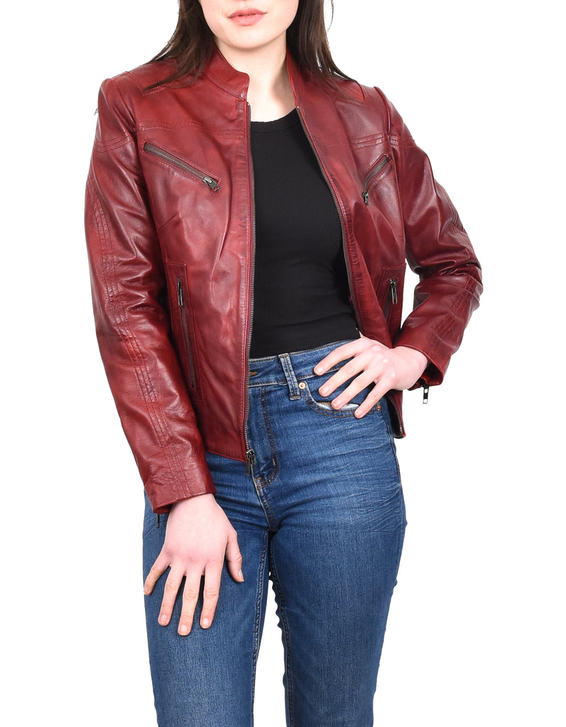 DR200 Ladies Classic Casual Biker Leather Jacket Barn Red 9