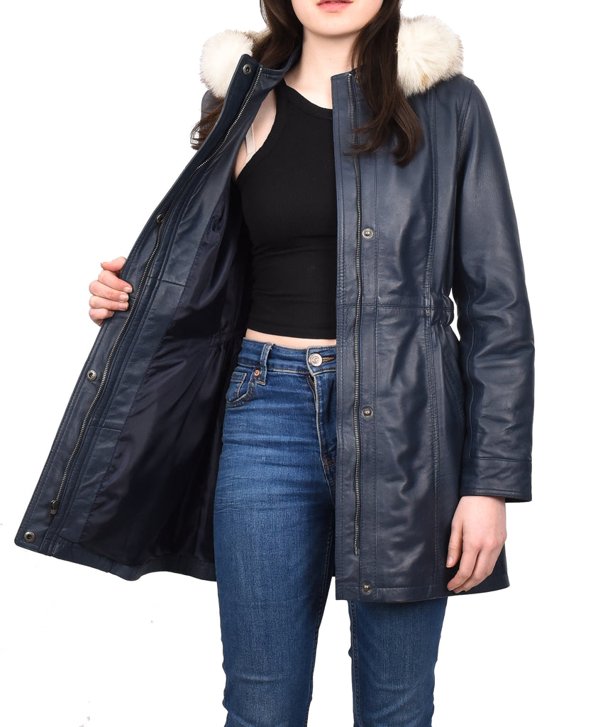 DR204 Women's Smart Long Leather Coat Hood with Fur Blue 6