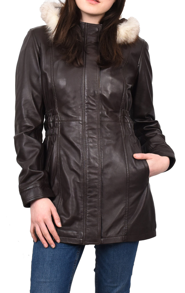 DR204 Women's Smart Long Leather Coat Hood with Fur Brown 11