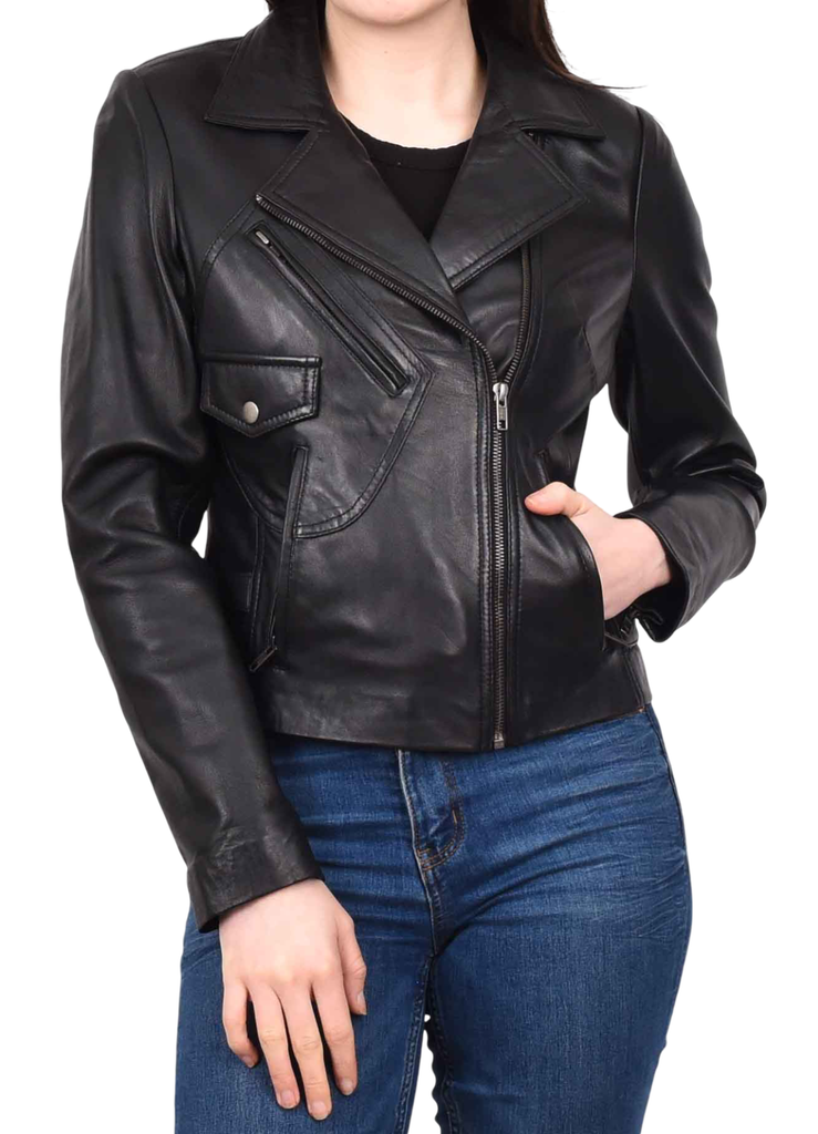 DR208 Women's Collarless Biker Leather jacket Black 9