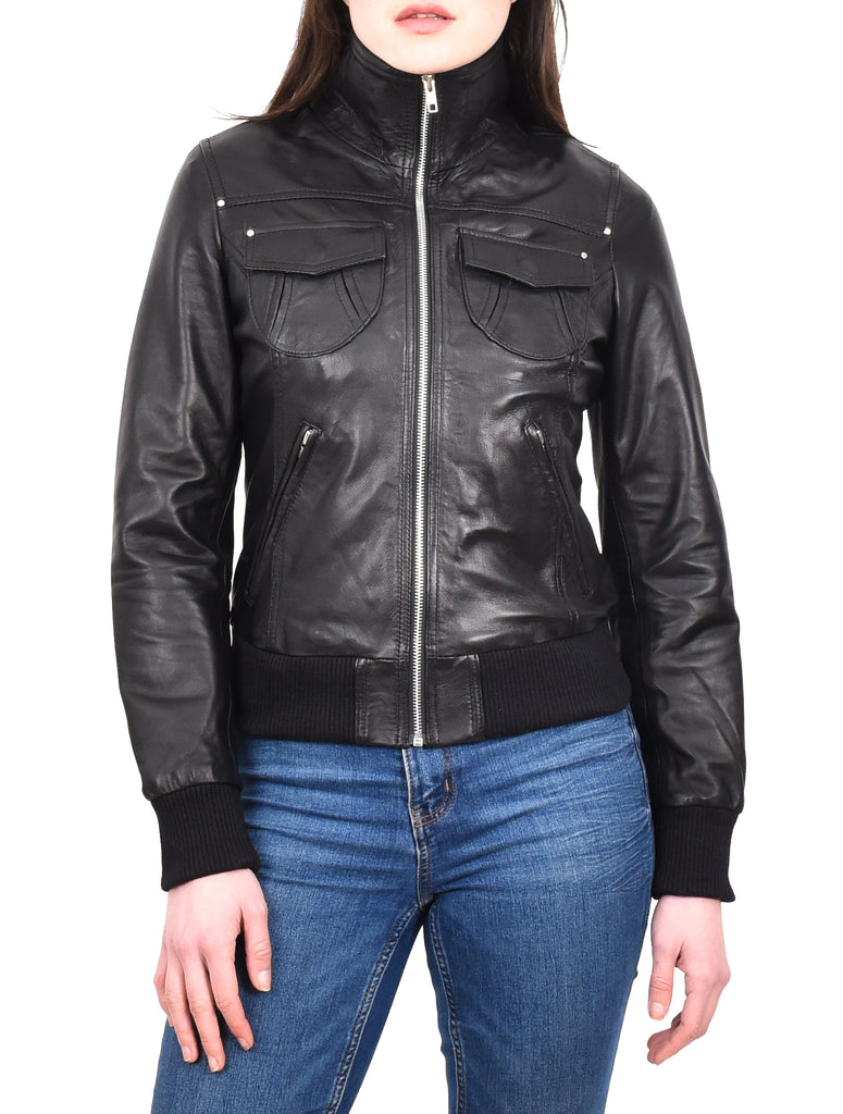 DR514 Womens Leather Classic Bomber Jacket Black 9