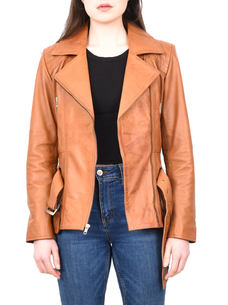 DR205 Women’s Slim Fit Cut Hip Length Biker Leather Jacket Tan 10