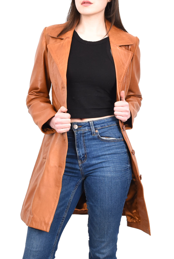 DR196 Women's 3/4 Length Soft Leather Classic Coat Tan 9