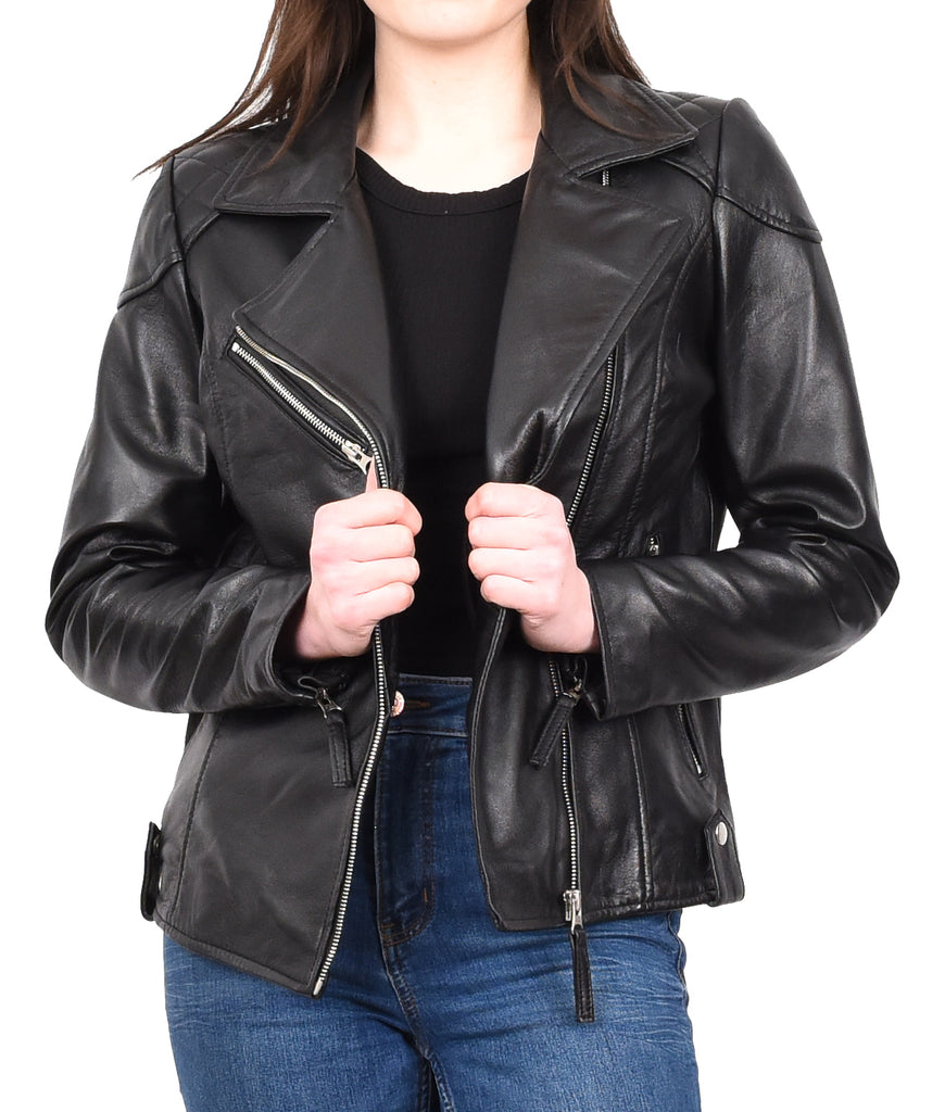 DR570 Women's Cross Zip Pocketed Real Leather Biker Jacket Black 8