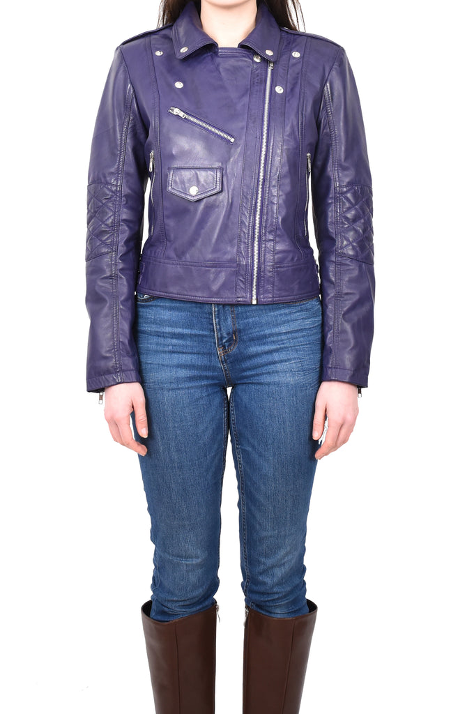 DR207 Women's Real Leather Biker Cross Zip Jacket Purple 11