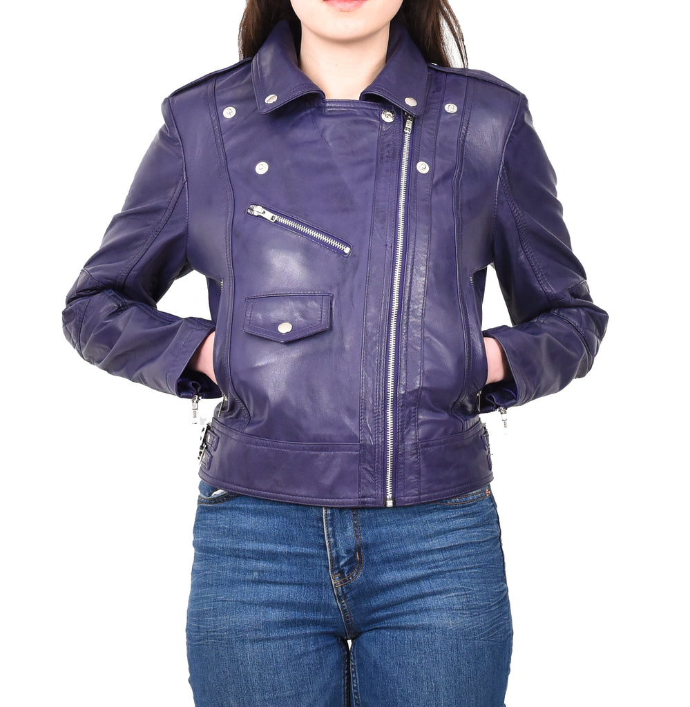 DR207 Women's Real Leather Biker Cross Zip Jacket Purple 12