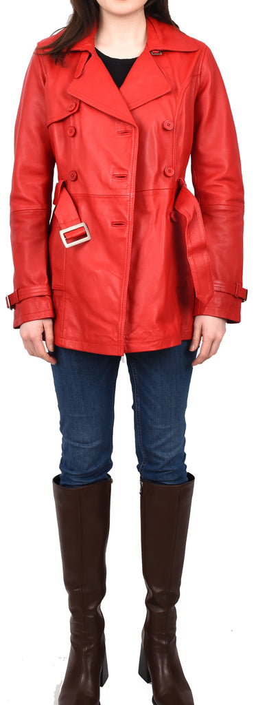 DR201 Women's Leather Buttoned Coat With Belt Smart Style Red 9