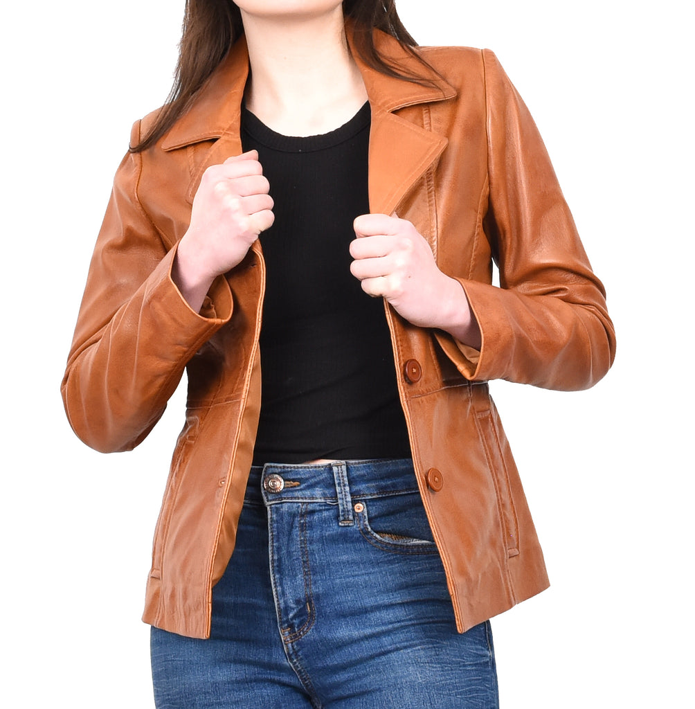 DR198 Women's Smart Work Warm Leather Jacket Tan 10