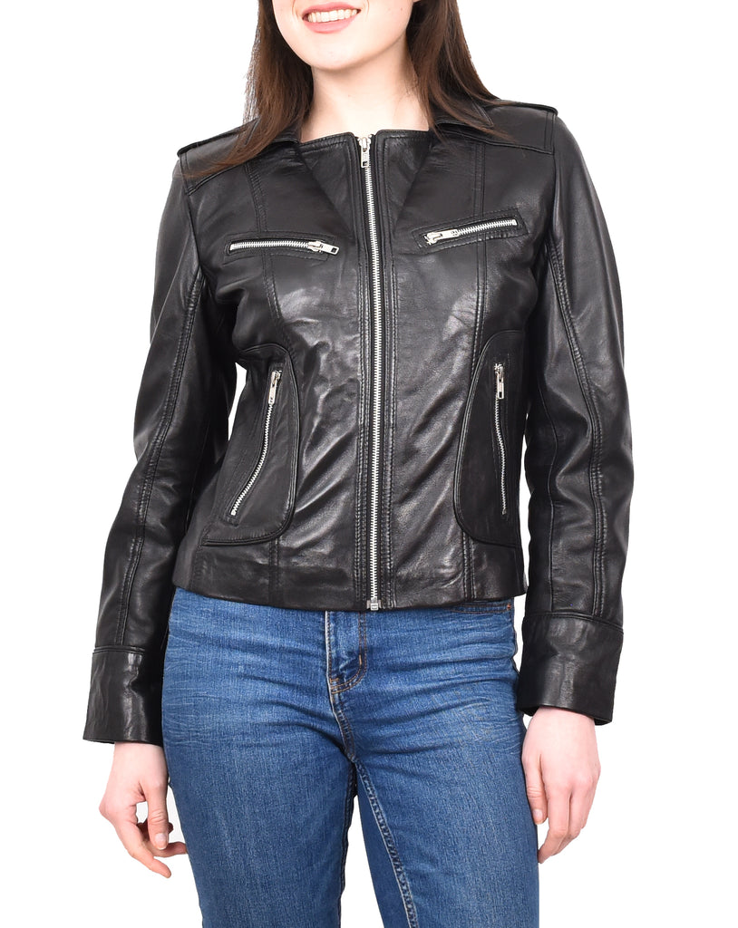 DR194 Women's Casual Leather Biker Jacket Short Black 9