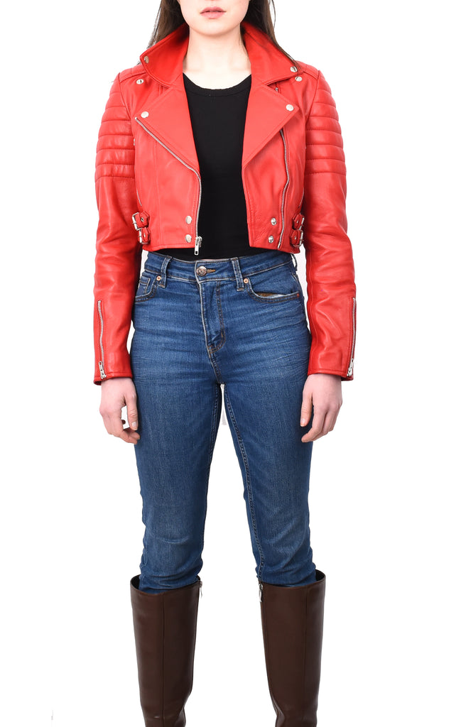 DR197 Women's Short Leather Stylish Biker Jacket Red 11
