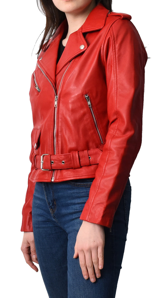 DR199 Women's Hard Ride Biker Style Leather Jacket Red 11