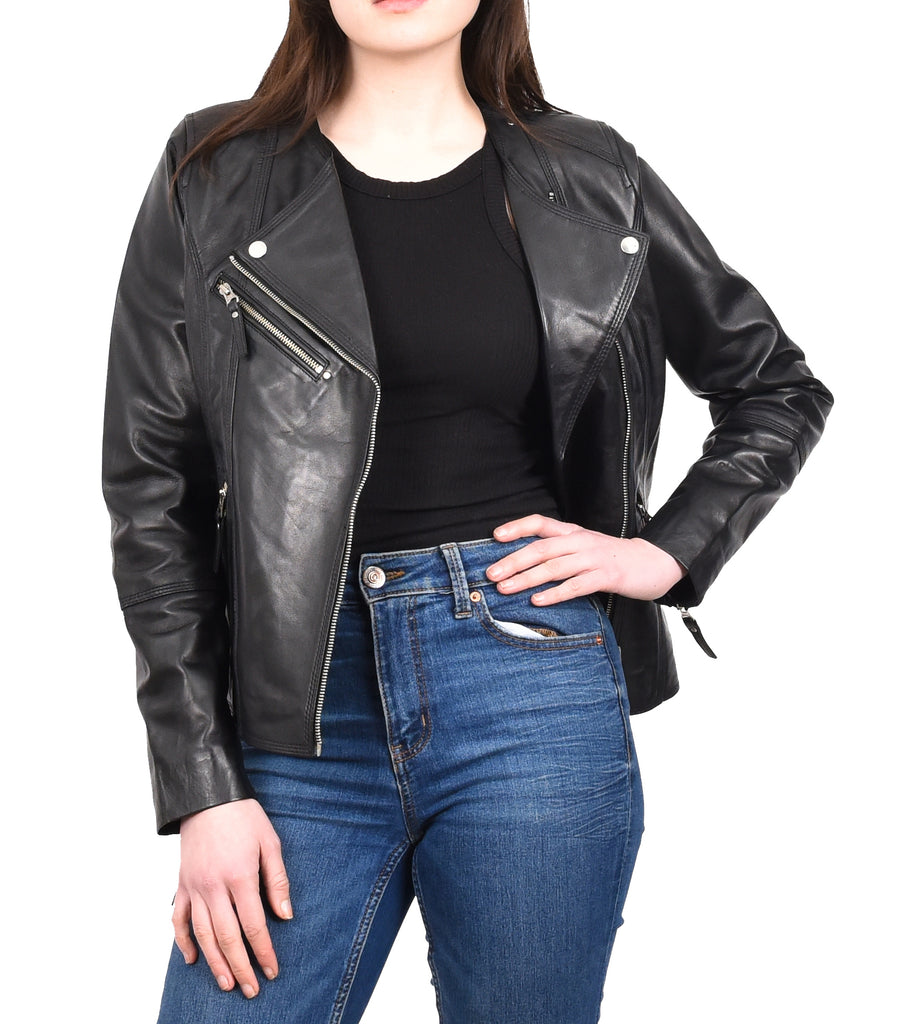 DR572 Women's Casual Cross Zip Leather Jacket Black 10