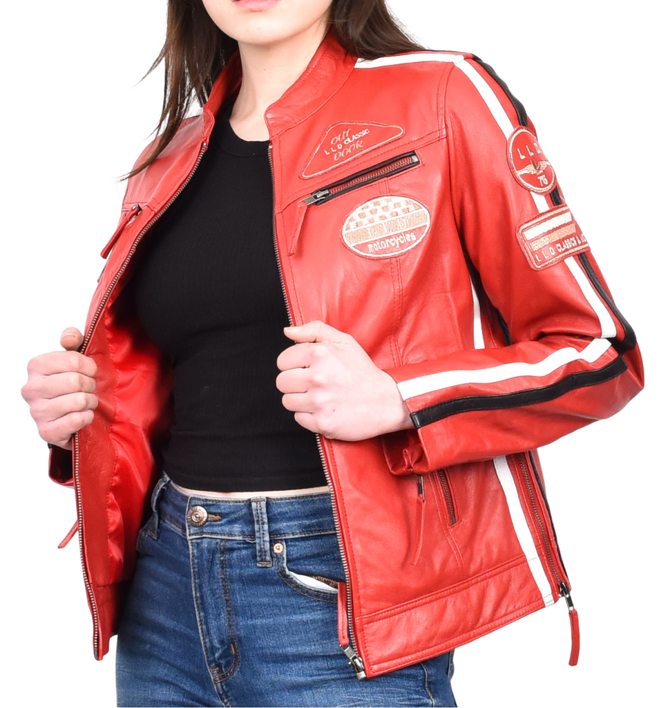 DR674 Women's Soft Real Leather Racing Biker Jacket Red 10