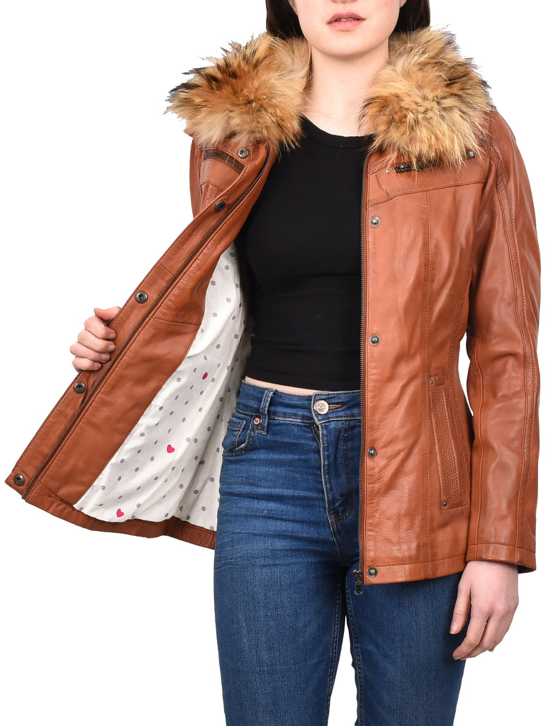 DR258 Women's Leather Jacket with Detachable Collar Cognac 11