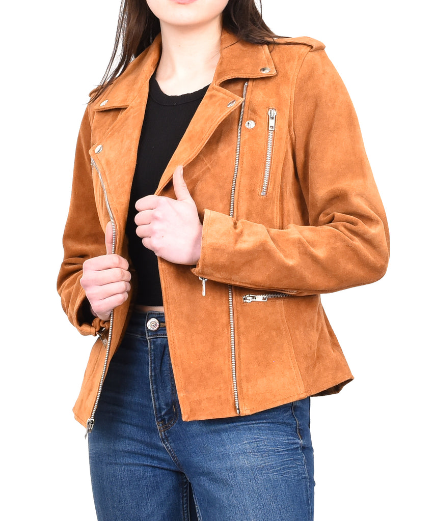 DR217 Women's Hardrock Biker Chich Leather Jacket Tan 10