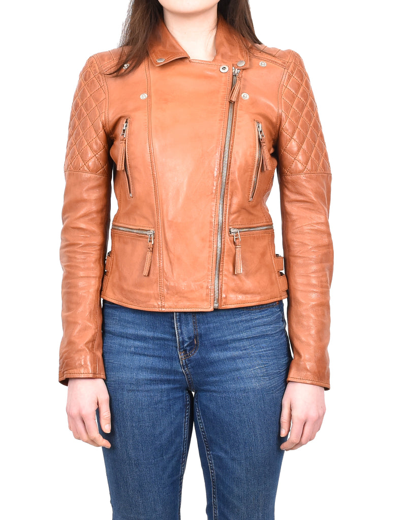 DR246 Women's Real Leather X-Zip Biker Style Jacket Cognac 8