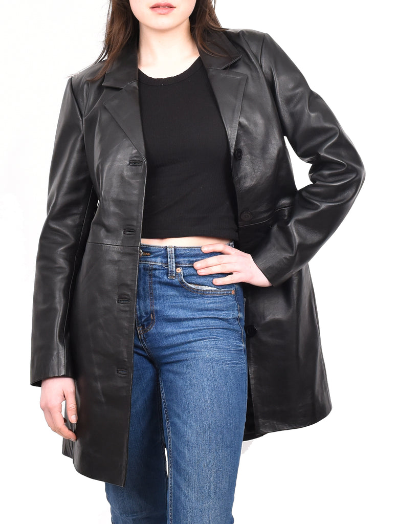 DR424 Women's Smart Long Leather Coat Black 10