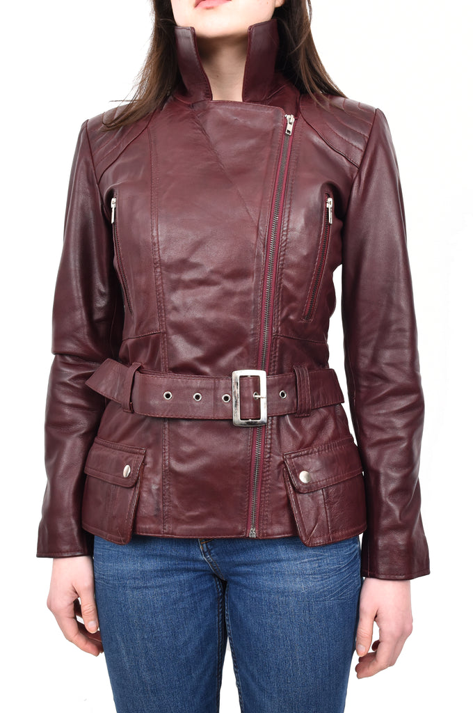 DR205 Women’s Slim Fit Cut Hip Length Biker Leather Jacket Burgundy 12