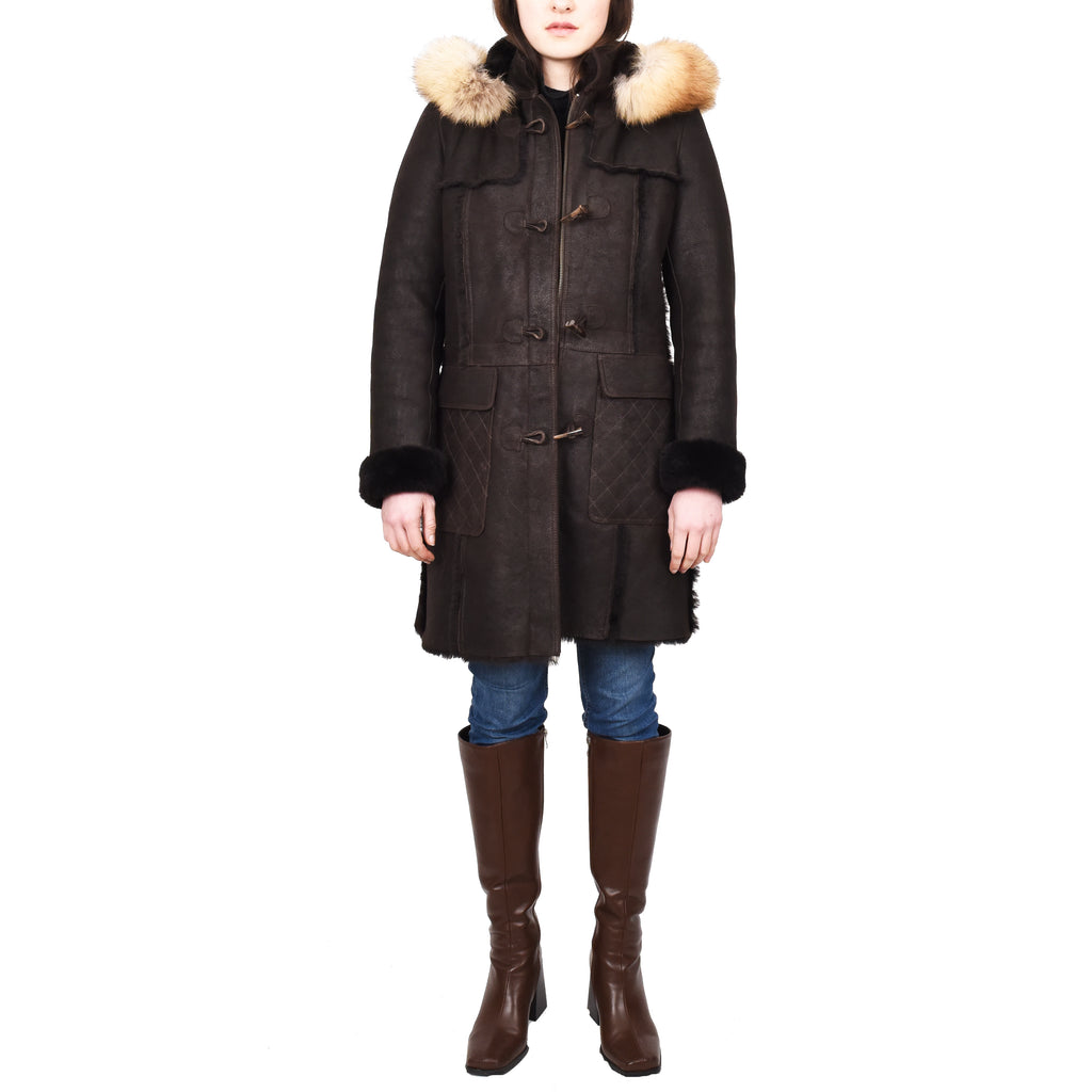 Women's Real Shearling Sheepskin Italian Classic Coat Brown Birna 9