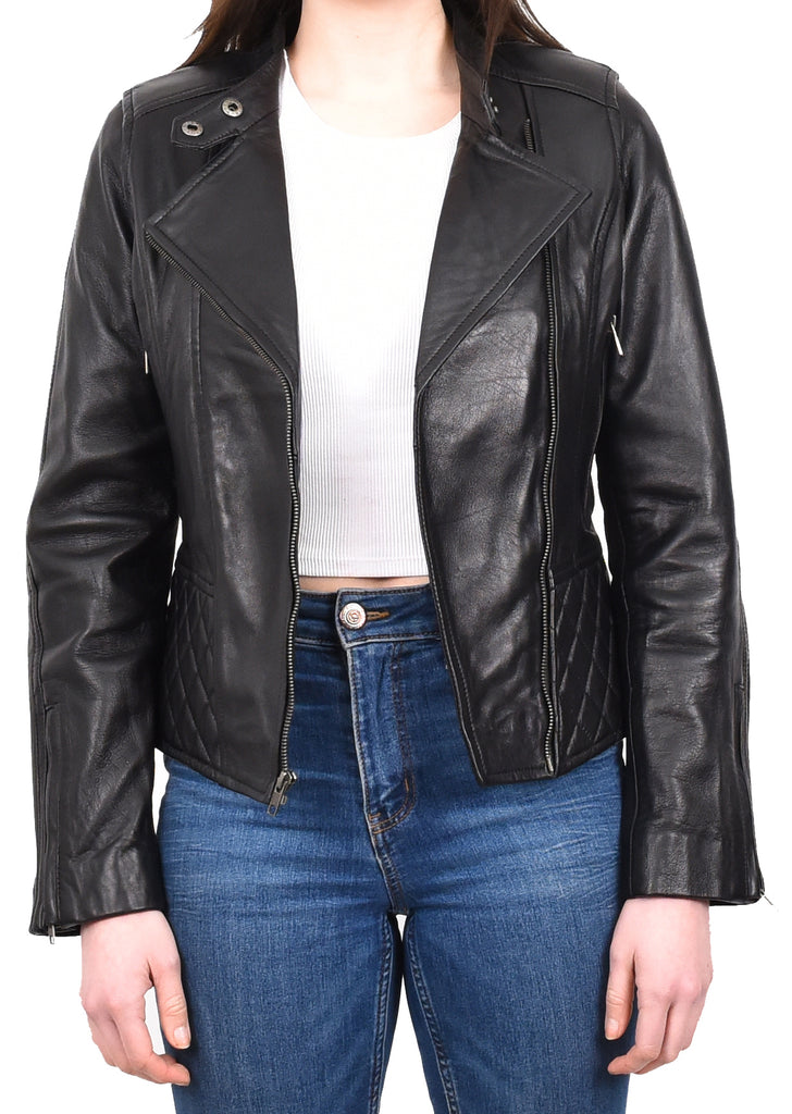 DR233 Women's Biker Leather Jacket Quilted Design Black 9
