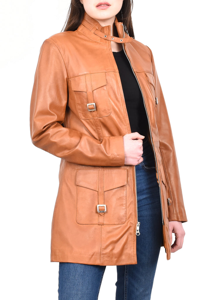 DR566 Women's Leather Jacket With Dual Zip Fastening Tan 9