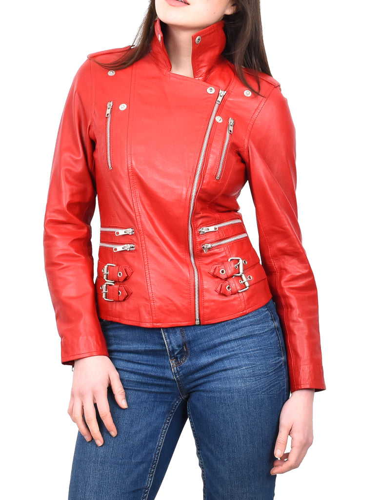 DR195 Women’s Trendy Biker Leather Jacket Red 10