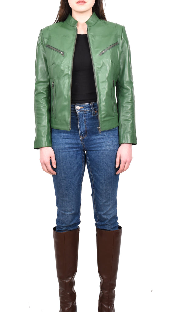 DR200 Ladies Classic Casual Biker Leather Jacket Green 10