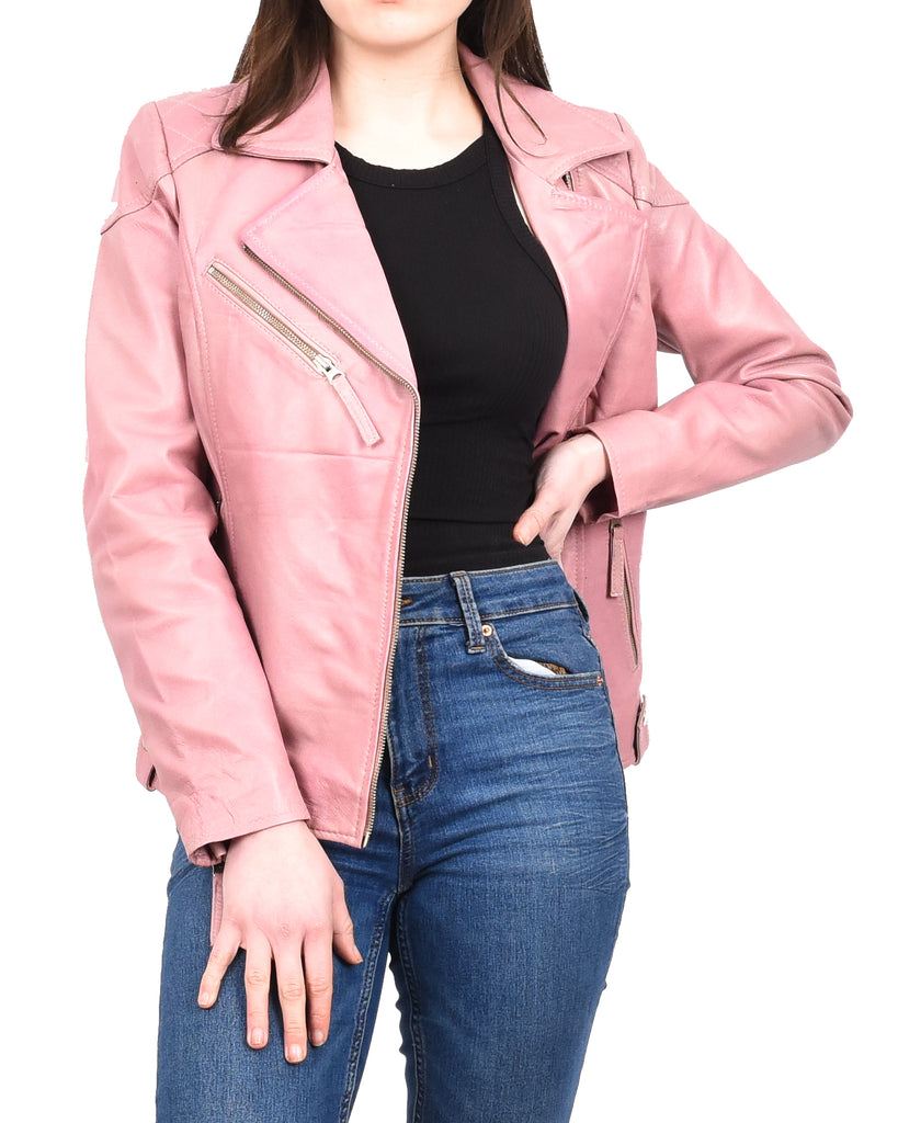 DR570 Women's Cross Zip Pocketed Real Leather Biker Jacket Pink 9