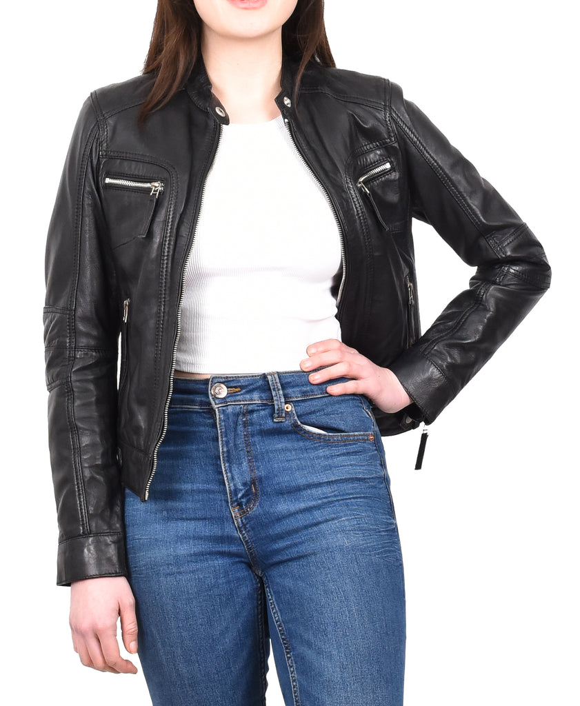 DR245 Women's Real Leather Biker Jacket Black 11