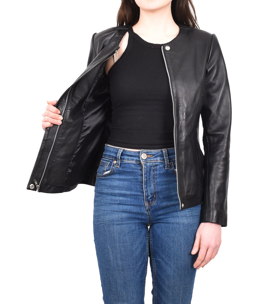 DR244 Women's Real Leather Collarless Jacket Black 11