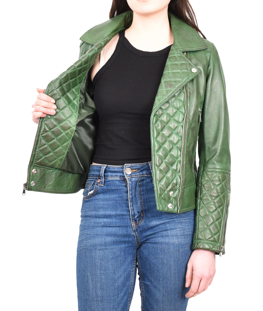 DR238 Women's Leather Biker Jacket with Quilt Detail Green 5