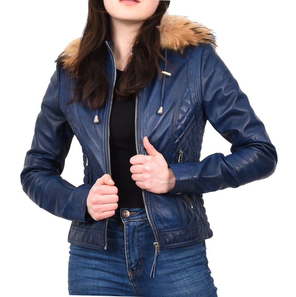 DR261 Women's Detachable Hoodie Biker Leather Jacket Blue 9