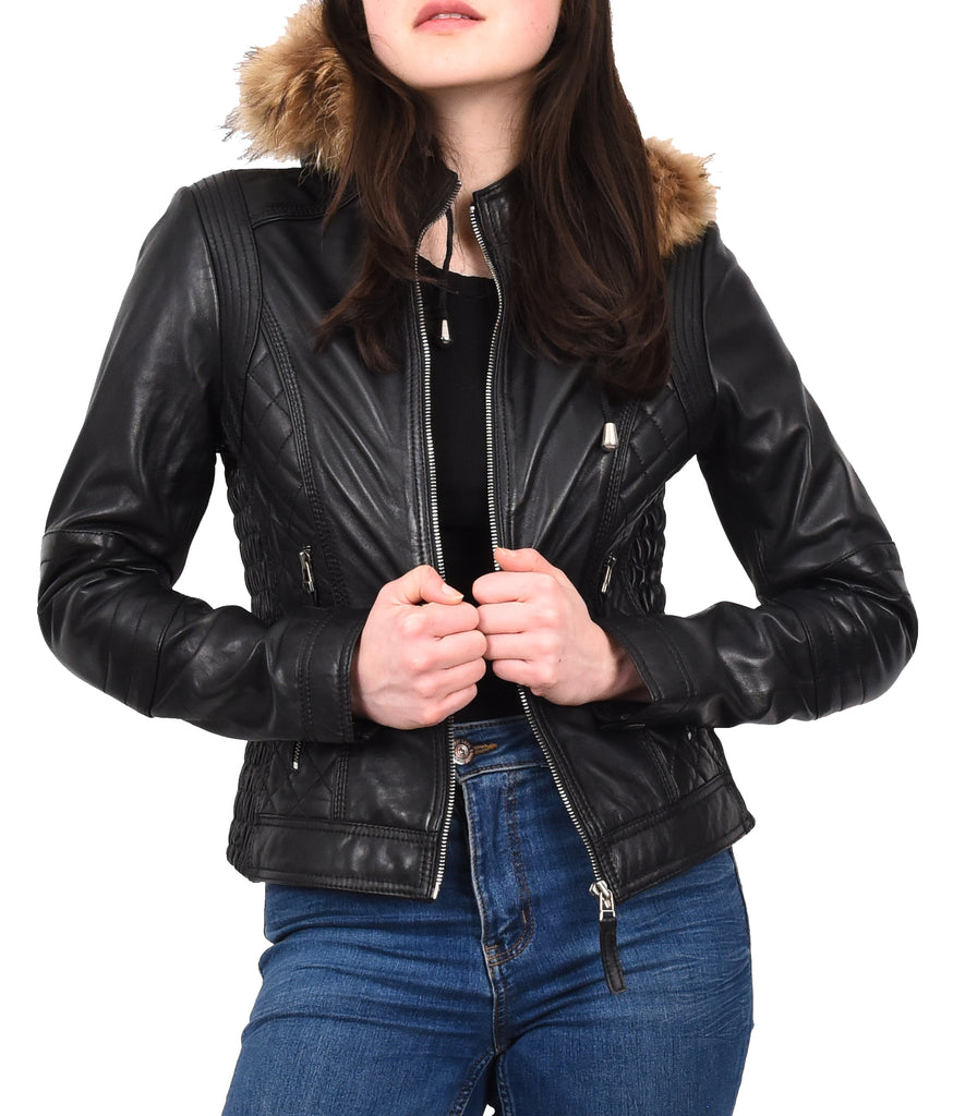 DR261 Women's Detachable Hoodie Biker Leather Jacket Black 10