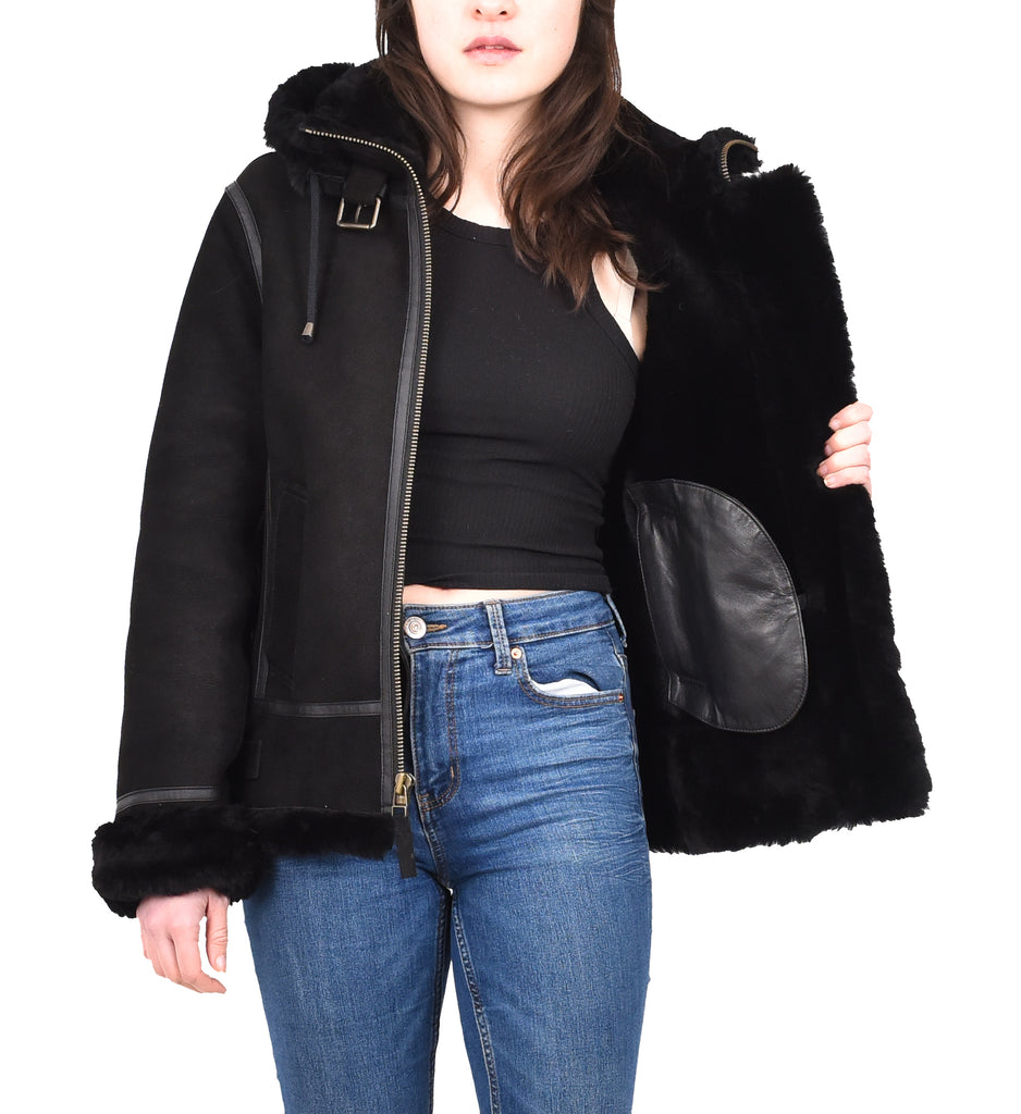 DR248 Women's Real Sheepskin Winter Warm Jacket Black 12