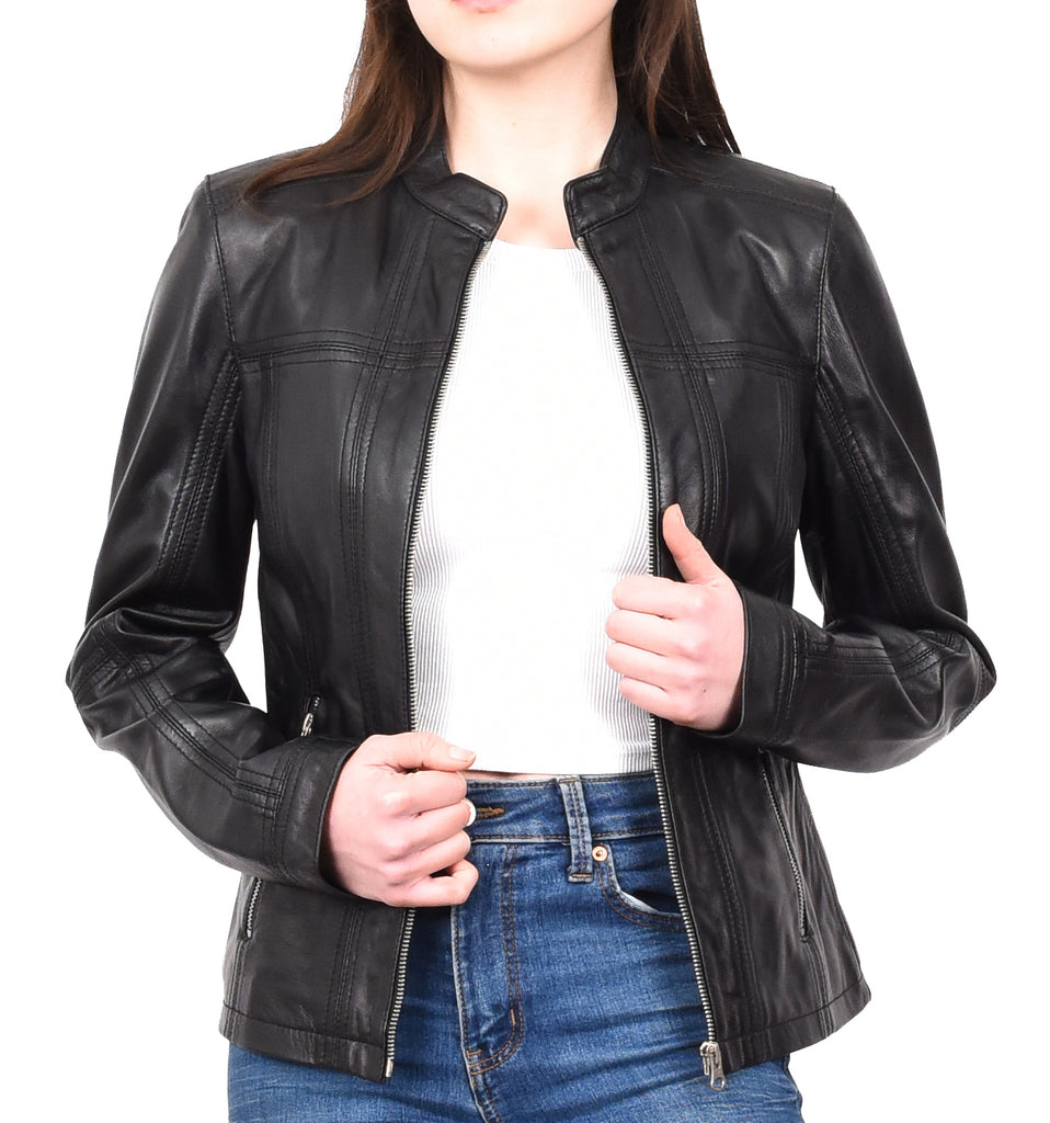 DR257 Women's Leather Classic Biker Style Jacket Black 10