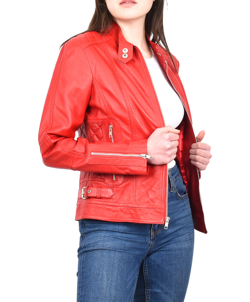 DR234 Women's Fitted Smart Leather Jacket Red 10