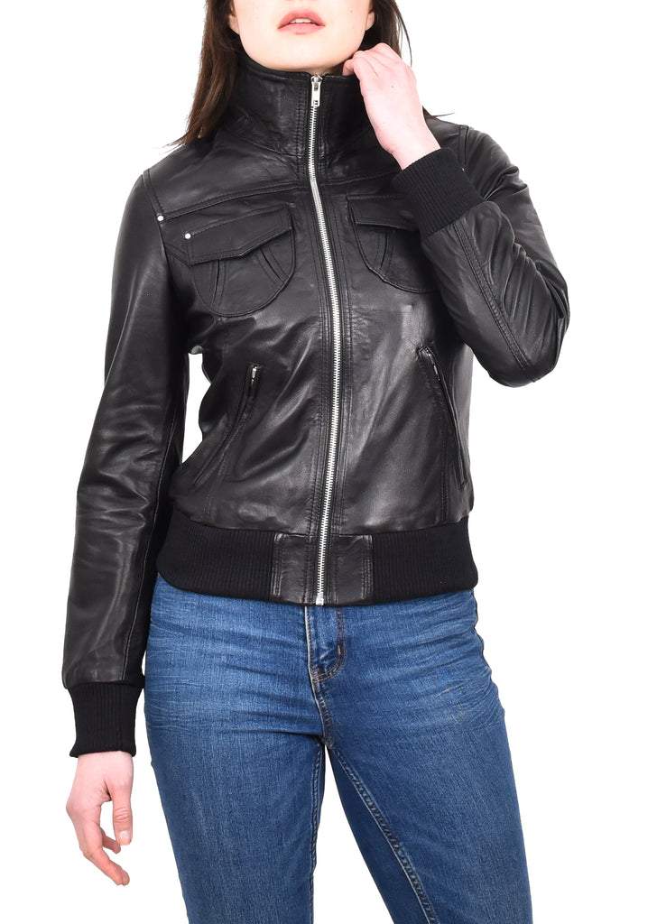 DR514 Womens Leather Classic Bomber Jacket Black 10