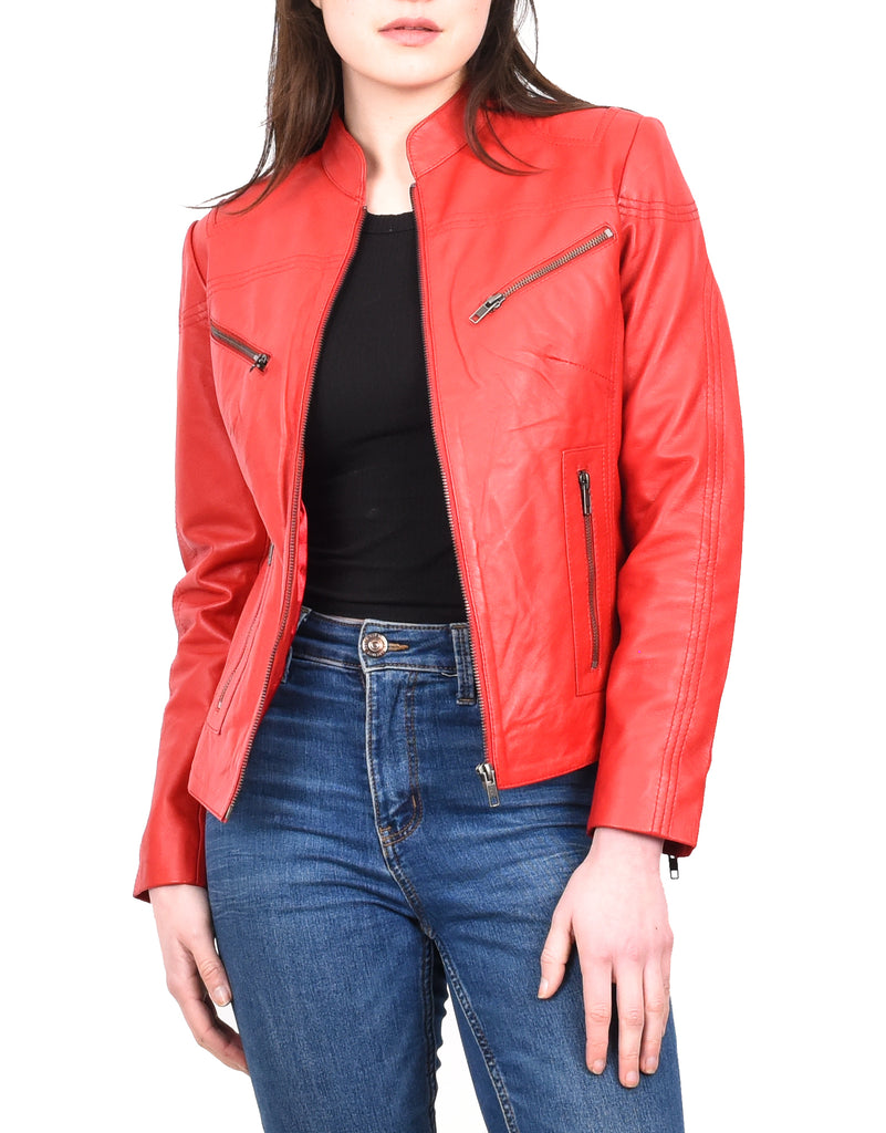 DR200 Ladies Classic Casual Biker Leather Jacket Red 10