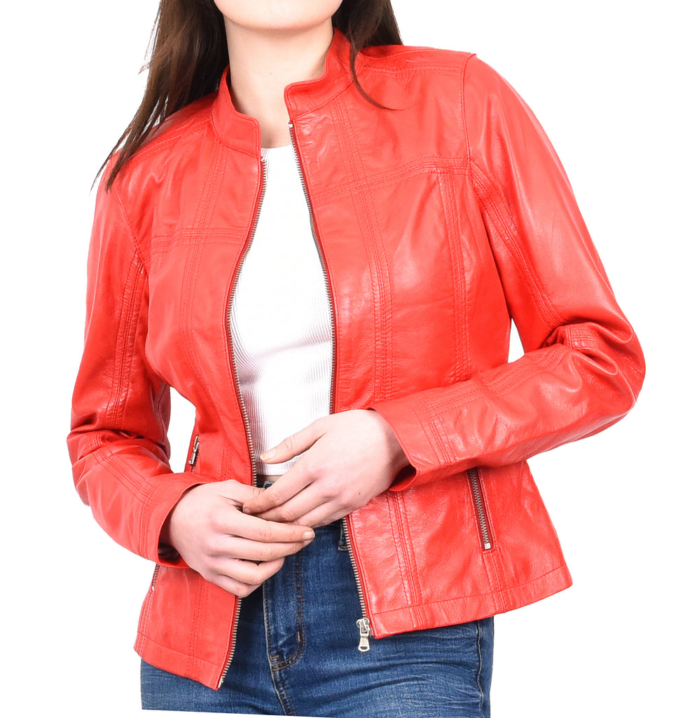 DR257 Women's Leather Classic Biker Style Jacket Red 10