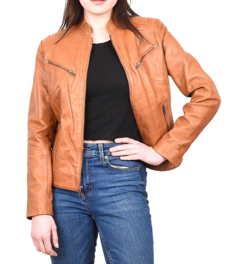 DR200 Ladies Classic Casual Biker Leather Jacket Tan 10