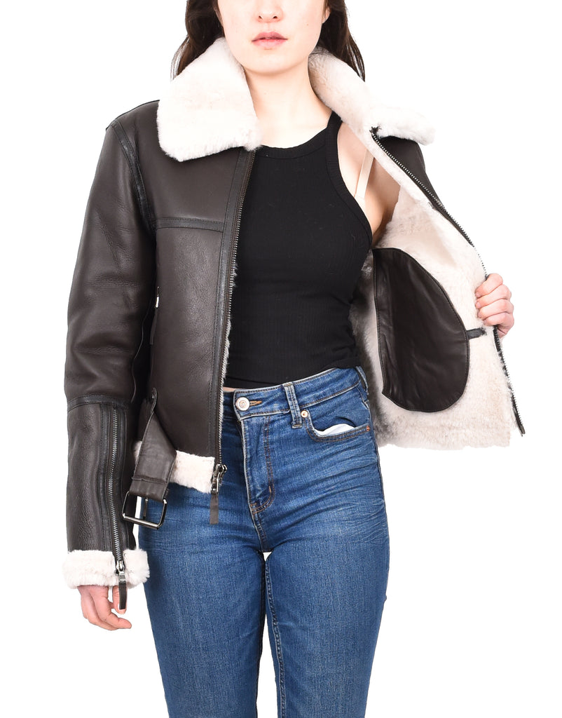 DR228 Women's Retro Sheepskin Leather Jacket Short Brown 11